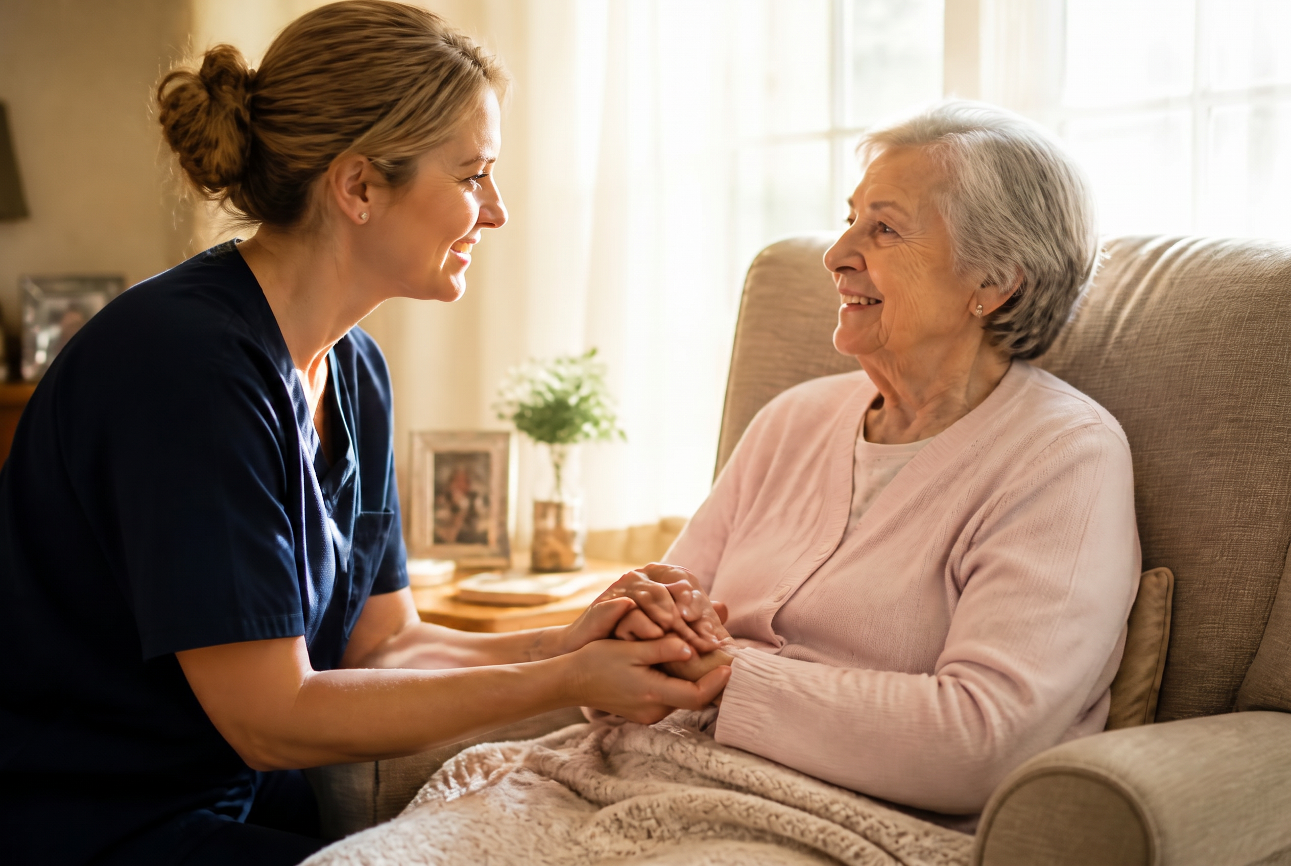 A hospice nurse holding the hands of a smiling elderly woman at home