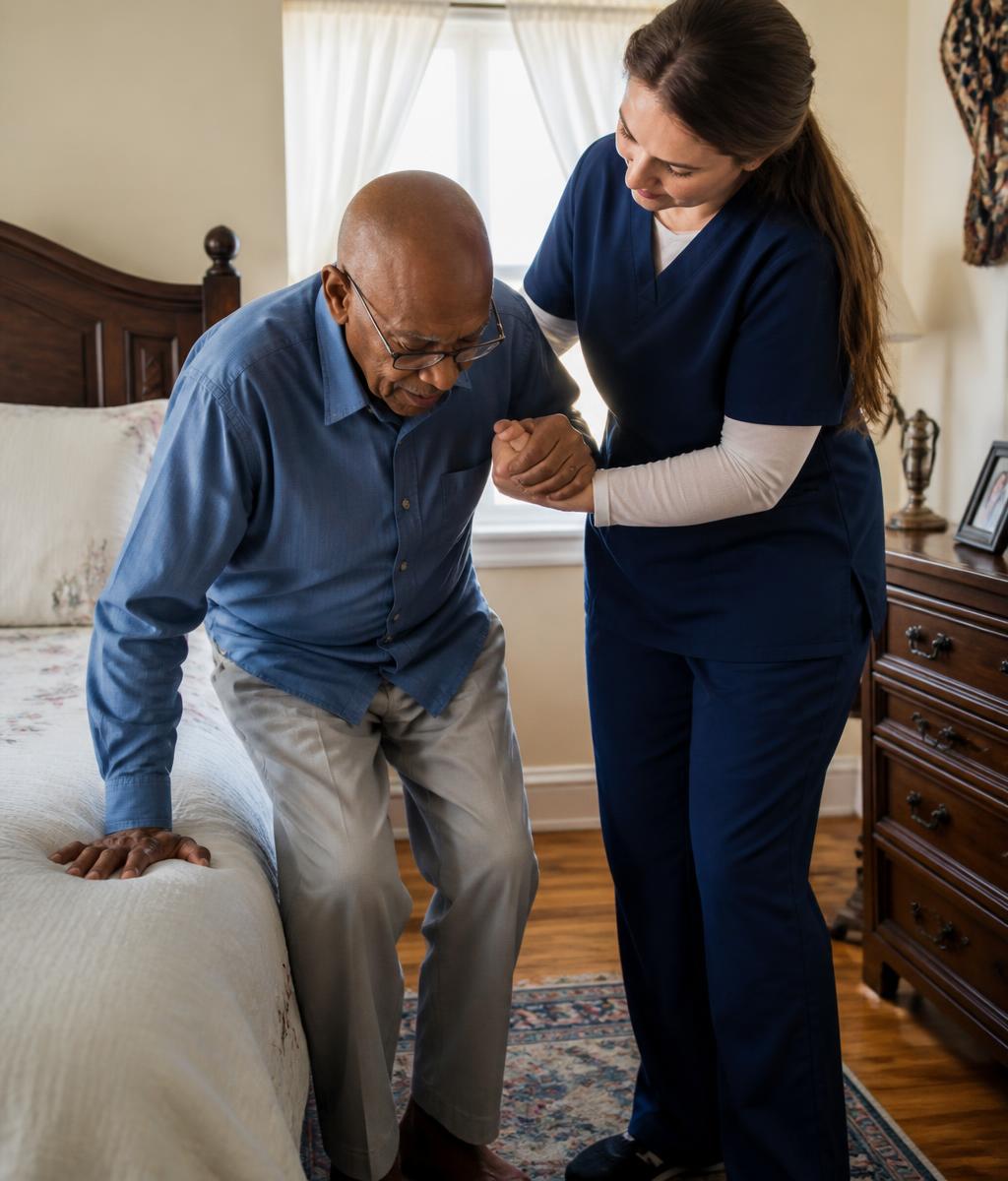 A caregiver helping an elderly man stand up from his bed at home