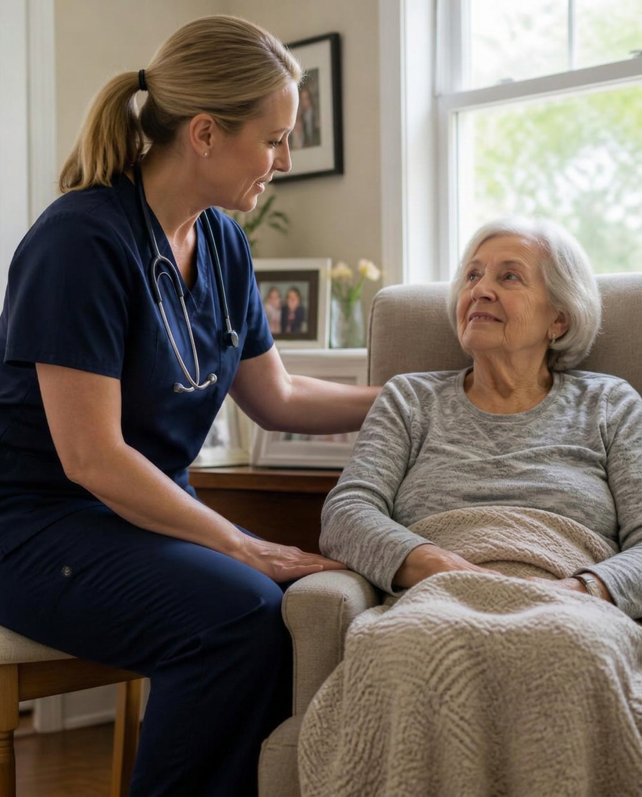 A hospice nurse speaking with an elderly woman seated by a sunlit window