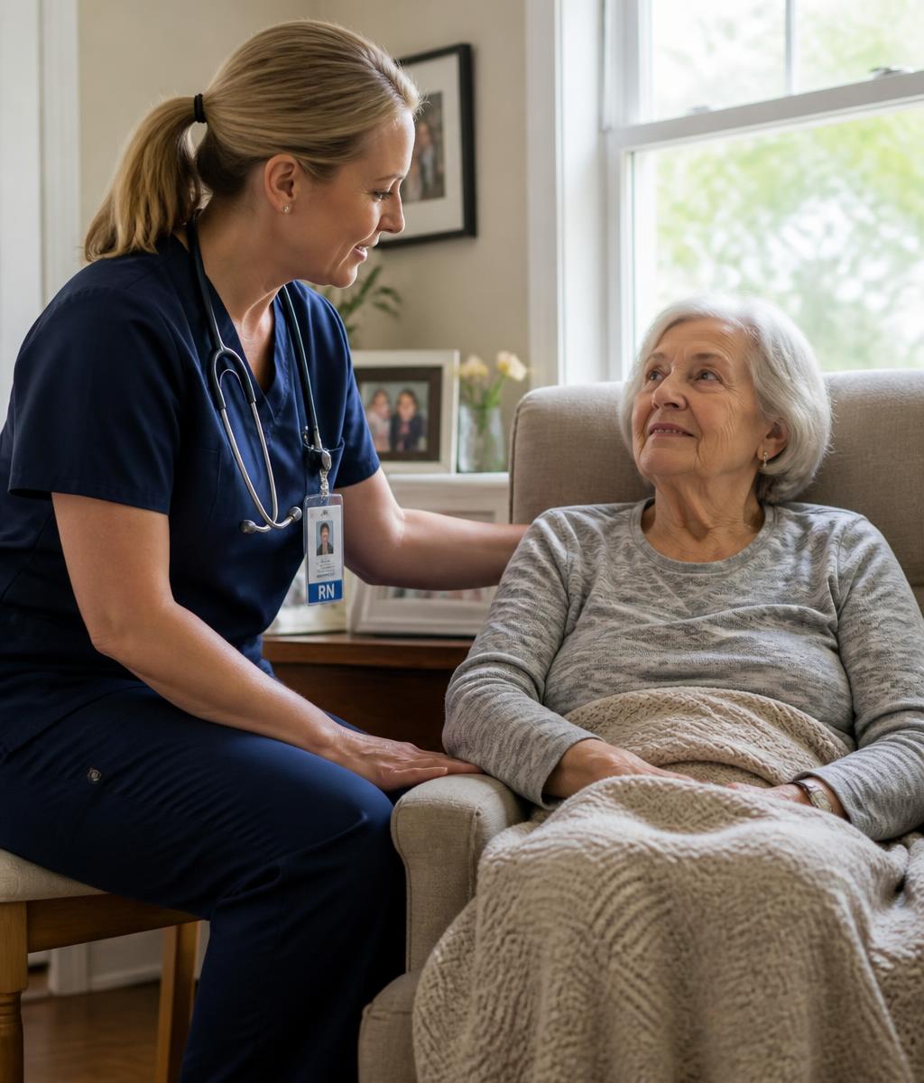 A hospice nurse speaking with an elderly woman seated by a sunlit window
